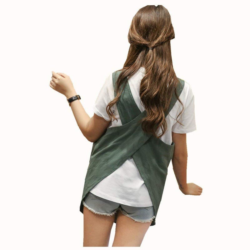 KKTOCHVC Japanese Style Soft Cotton Linen Apron with Two Side Pockets, X Cross Halter Apron, Kitchen Cooking Clothes Present for Women DIY Project, Crafting, Cooking, Baking (Army Green) - Image 3